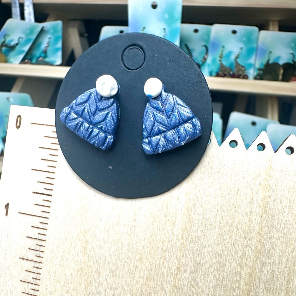 New on Tag. Blue & White Winter Hat Post Earrings.